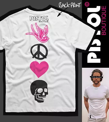 Buy Pistol Boutique Men's White Crew Neck SPINE LOGOS HEART SKULL Back Print T-shirt • 26.99£
