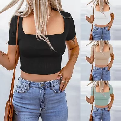 Buy Clothes Women Crop Top Daily Wear Fairy Grunge Short Sleeve Square Neck • 14.26£
