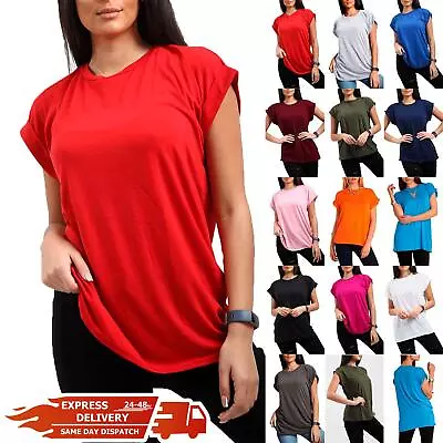 Buy Womens Plain Baggy Oversized Tee Top Ladies Short Turn Up Cap Sleeve T Shirt • 4.99£