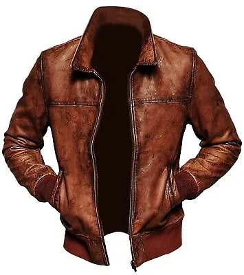 Buy Mens Biker Motorcycle Vintage Distressed Brown Bomber Winter Leather Jacket • 24£