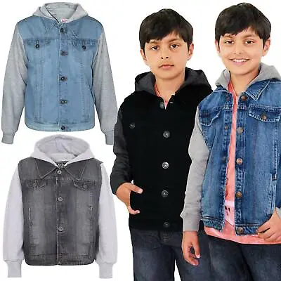 Buy Kids Boys Denim Jacket Fleece Sleeves & Hood Fashion Jackets Coat Age 2-13 Years • 14.99£