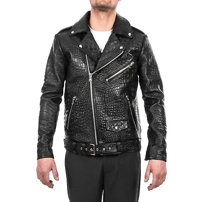Buy Italian Handmade Men Genuine Leather Biker Jacket Black Crocodile XXS To 2XL • 438.09£