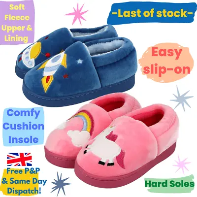 Buy Girls Boys Kids Unicorn Spaceship Rocket Rainbow Slip On Cushion Full Slippers • 5.99£