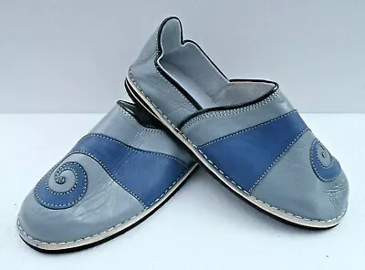 Buy HAND CRAFTED * MOROCCAN LEATHER FUNKY BABOUCHE  All Sizes GREY & BLUE • 22.95£