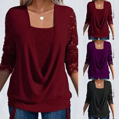 Buy Womens Lace Double Layer  Tunic Tops Ruffle Long Sleeve Blouse T-Shirt Plus Size • 4.99£