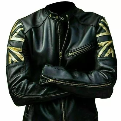Buy Mens Biker Vintage Uk Flag Union Black Real Leather Cafe Racer Motorcycle Jacket • 79.99£
