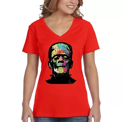 Buy XtraFly Apparel Women's Technicolor Frankenstein Halloween Horror V-neck T-shirt • 15.84£