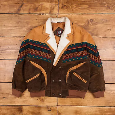 Buy Vintage SUI Leather Jacket L Aztec Western Brown Button • 49.99£