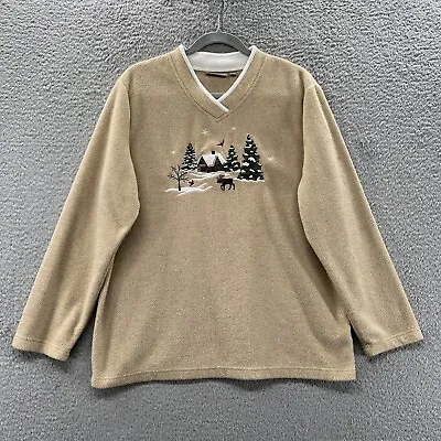 Buy Vintage 90s Moose Winter Scene Pullover Fleece Sweater Holiday Christmas Cabin L • 9.67£