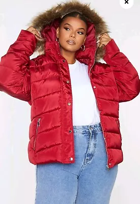 Buy New PLT Plus Burgundy Quilted Mara Faux Fur Hooded Puffer Jacket Size 26 • 15£