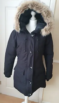 Buy Superdry Black Rookie Down Parka Coat Jacket Size 12 Faux Fur Hood VGC • 50£