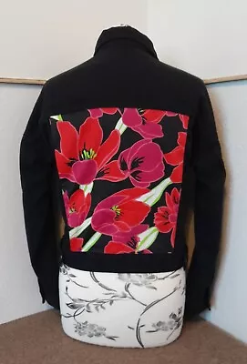 Buy Upcycled Vintage Blk Denim Jacket Pink& Red Floral Handstitched Panels 38  Chest • 29.99£