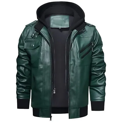 Buy Mens Casual Hooded Faux Leather Zip Up Outfits Bomber Jacket With Detach Hood • 73.99£