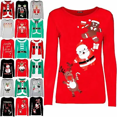 Buy Women Ladies Christmas Reindeer Xmas Snowflakes Round Neck Long Sleeve T Shirt • 4.79£