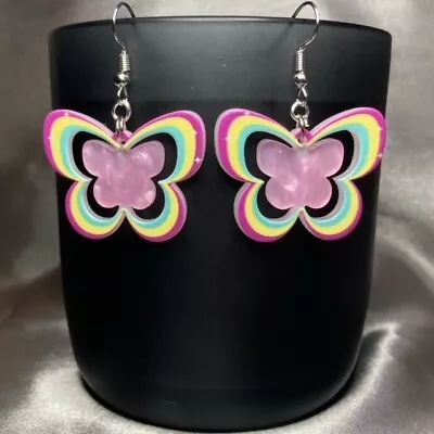 Buy Handmade Silver Pink Rainbow Butterfly Earrings Gothic Gift Jewellery • 4.50£