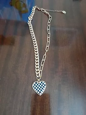 Buy Necklace Fashion Jewellery - Black And White Checked Heart Pendant Yellow Metal • 4.99£
