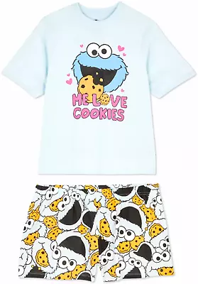 Buy Ladies COOKIE MONSTER Pyjamas Woman 6-24 Cotton T-Shirt Shorts Nightwear Primark • 17.99£