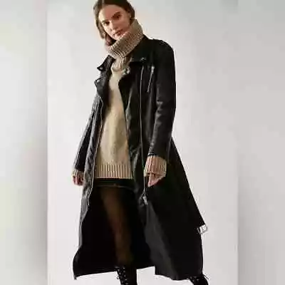 Buy $268 Free People Isabelle Vegan Leather Long Slouchy Moto Jacket Black Medium • 114.99£