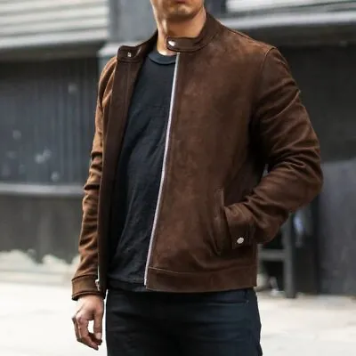Buy Brown Men's Biker Motorcycle Jacket - Soft Lambskin Genuine Leather Suede. • 95£