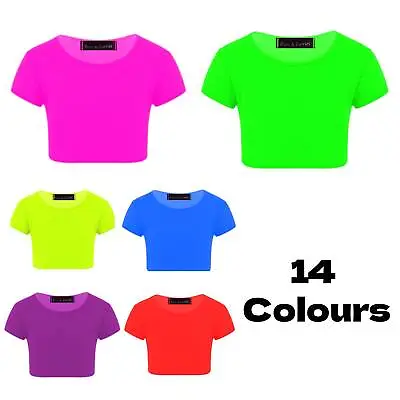 Buy Girls Crop Top Plain Short Sleeves T-shirt Dance Tee Shirt 3-14 Years Neon Kids • 5.99£