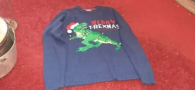 Buy Merry Trexmas Christmas Jumper Mens Size Small Blue • 3.99£