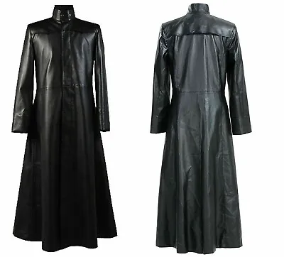 Buy Neo Matrix Trench Coat Keanu Reeves Black Leather Trench Coat Gothic Jacket • 83.66£
