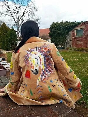 Buy Hand Painted OOAK Boho Unicorn Hippie Festival Artisan Leather M Coat Jacket  • 141.14£