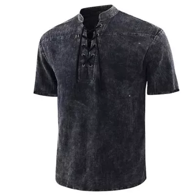 Buy Men V Neck Short Sleeve Plain Shirts Summer Tops Casual Lace Up T Shirt Blouse • 10.99£