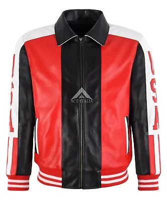 Buy Mens USA American Flag 90's Bomber Vintage Leather Jacket Motorbike Style Jacket • 119.99£