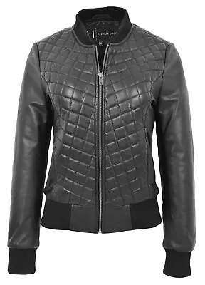 Buy Womens REAL Black Leather Bomber Jacket Diamond Quilted Designer Fitted Varsity • 125£