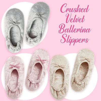Buy Ladies Ballerina Style Slippers Crushed Velvet Velour Womens Indoor Slippers UK • 10.99£