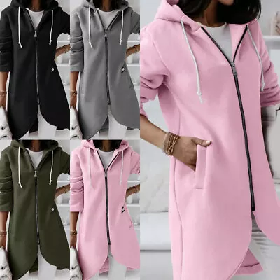 Buy Women Ladies Long Hooded Hoodie Zip Up Pocket Jumper Coat Sweatshirt Top Solid • 16.93£