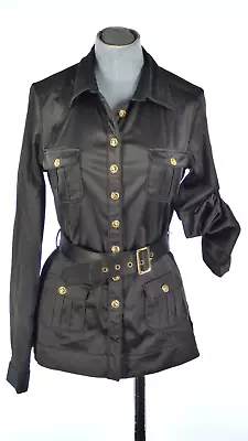 Buy Shirt Jacket La Scala Satin Shaket Black Belted Gold Buttons Fitted Unusual M • 12.99£