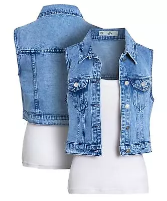 Buy Womens Denim Gilet Blue Jeans Waistcoat Sleeveless Jacket Size 14 6 8 10 12 Crop • 19.95£