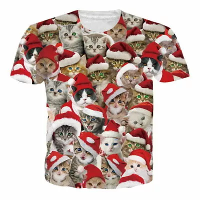 Buy Xmas Women Men 3D Print T-Shirt Christmas Cat Casual Short Sleeve Tee Tops Gift • 9.59£