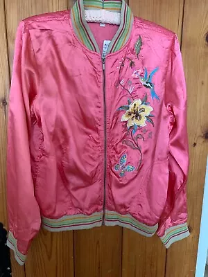 Buy Pink Satin Look Bomber Jacket With Applique Fliwers By Effeti Moda Sz L/G BNWT • 0.99£