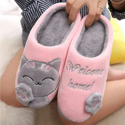 Buy Womens Cute Cat Plush Slippers Indoor Winter Warm Soft Anti-Slip House Shoes UK • 12.99£