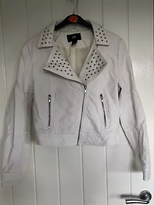 Buy Womens H&M White Silver Studded Textured Cropped Biker Jacket Size 10 • 8£