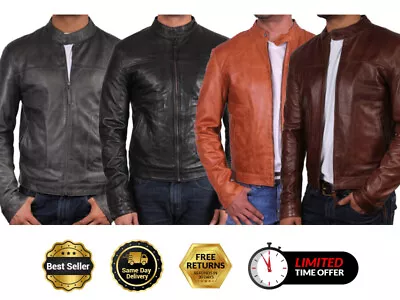 Buy Mens Leather Biker Jacket Distressed Slim Fit Vintage Retro Brown/Grey/Tan/Black • 133.99£