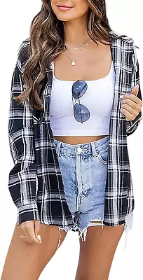 Buy Womens Oversized Flannel Shirts Hoodies Long Sleeve Button Down Boyfriend Checke • 31.85£