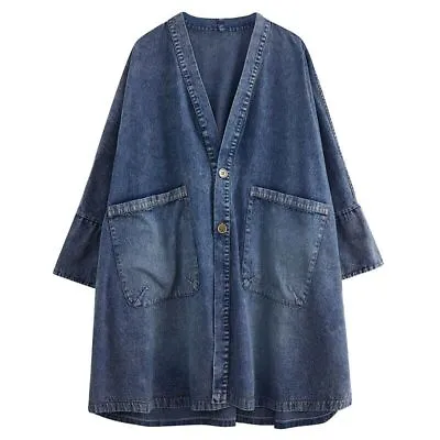 Buy Lady Oversized Trench Coat Jacket Jean Denim V-neck Pocket Button Mid-length • 30.79£
