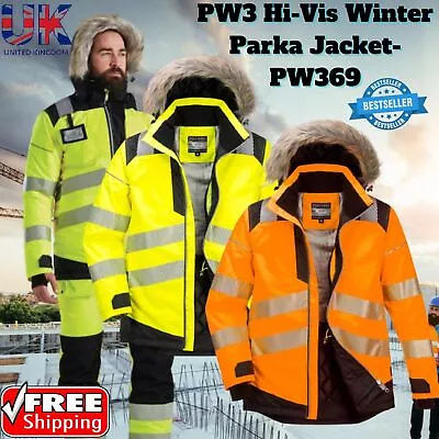 Buy PORTWEST PW3 Hi Vis Winter Parka Jacket Insulated Thermal Hood Safety Workwear • 89.99£