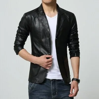 Buy Men's Lapel Blazer PU Leather Jacket Slim Fit Casual 5 Colors Coat Spring Thin • 51.73£
