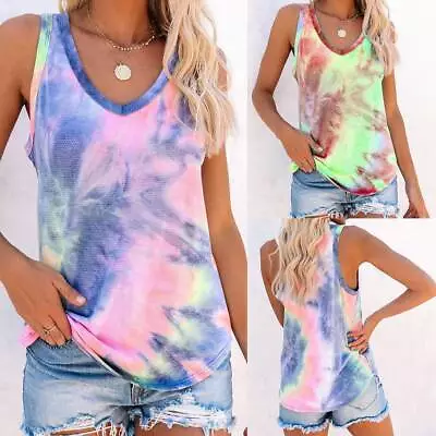 Buy Womens Tie Dye Sleeveless Tank Tops Ladies Summer Vest Cami Loose Blouse T-Shirt • 9.59£