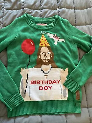 Buy Tipsy Elves Birthday Boy Sweater Size XS Womens Green Ugly Christmas Jesus • 19.30£