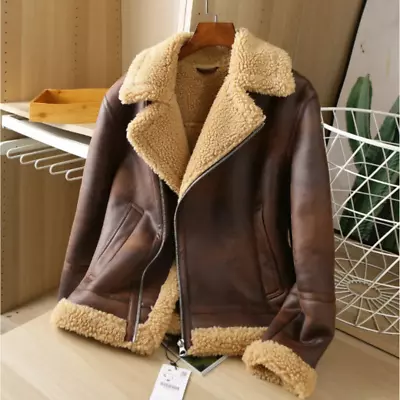 Buy Mens Real Leather Distressed Brown Shearling Fur Bomber Aviator Sheepskin Jacket • 119.95£