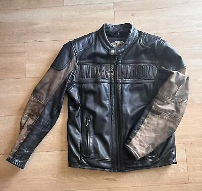 Buy ~~ Leather Harley Davidson Motorcycle Jacket Black & Camo - Size S-M ~~ • 90£