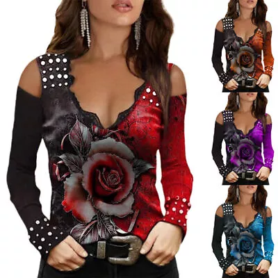 Buy Ladies Vintage Rose Print Cold Shoulder Long Sleeve T-Shirt Gothic V Neck Tops • 8.48£