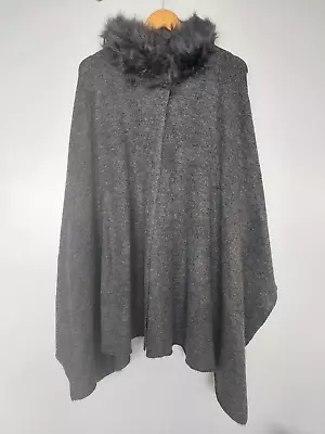 Buy M&S Collection GREY PONCHO CAPE WRAP One Size FAUX FUR COLLAR New NWT Charcoal • 17£