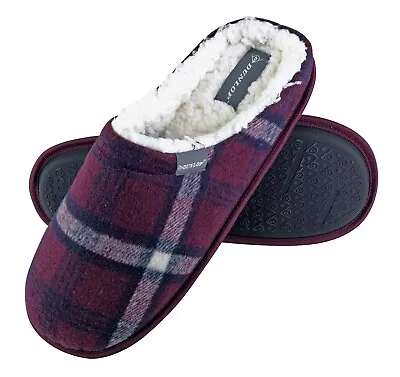 Buy Dunlop - Mens Warm Plush Fleece Lined Slip On Mule Checked Plaid House Slippers • 14.99£